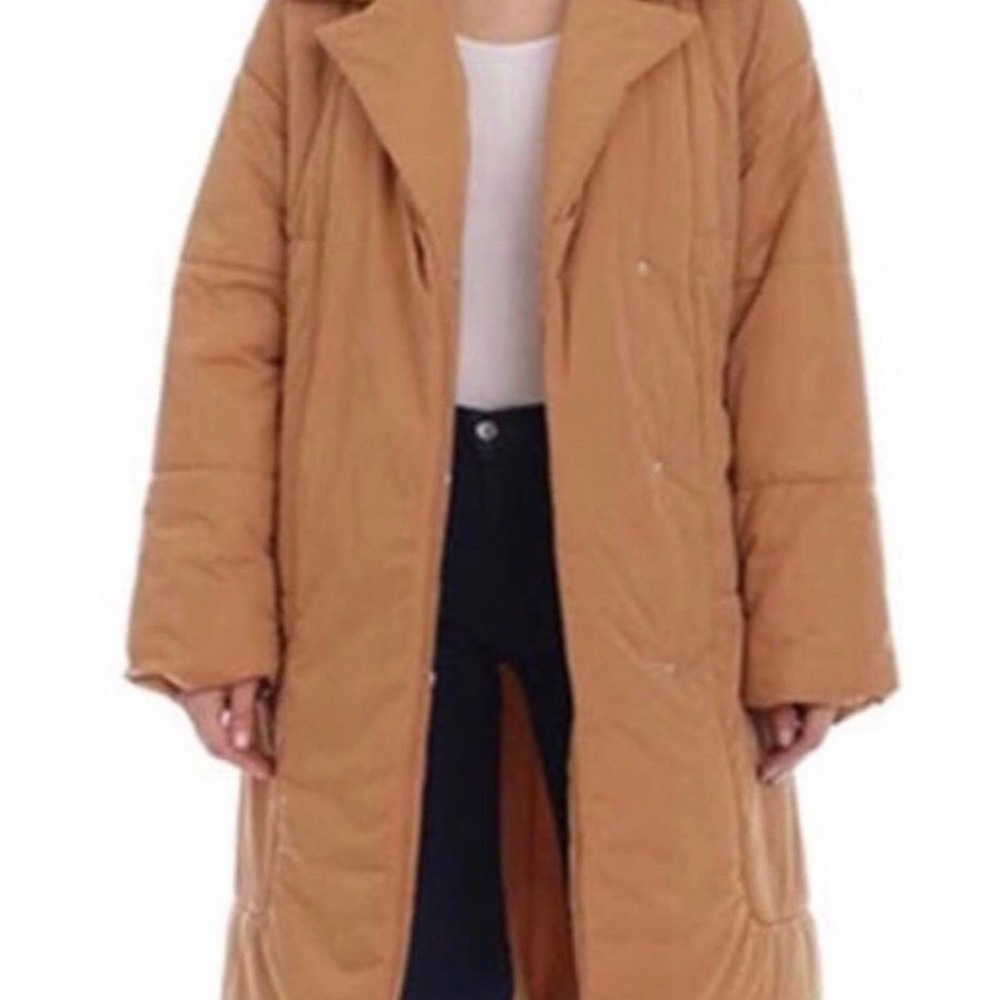 Avec Les Filles Quilted Puffer Trench Coat Size Large Tan Neutral Fall Winter